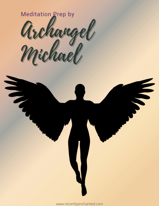 Light shades of pink background with text overlay - Meditation Prep by Archangel Michael. A bold silhouette of an angel covers half the photo.