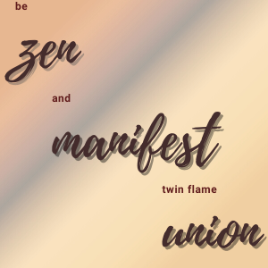 Pink iridescent background with text overlay - be zen and manifest twin flame union. "Be" "and" "twin flame" is smaller text written in red. The rest is larger black text with a gray shadow and written in cursive.