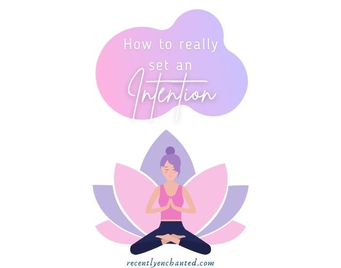 Lotus flower and a girl in a yoga pose. White overlay - How to really set an intention.