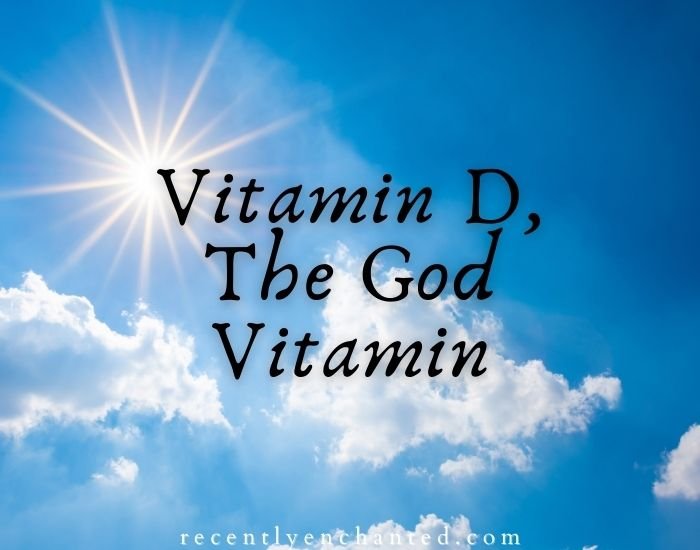 The sun shining through clouds with a black over text - Vitamin D, The God Vitamin