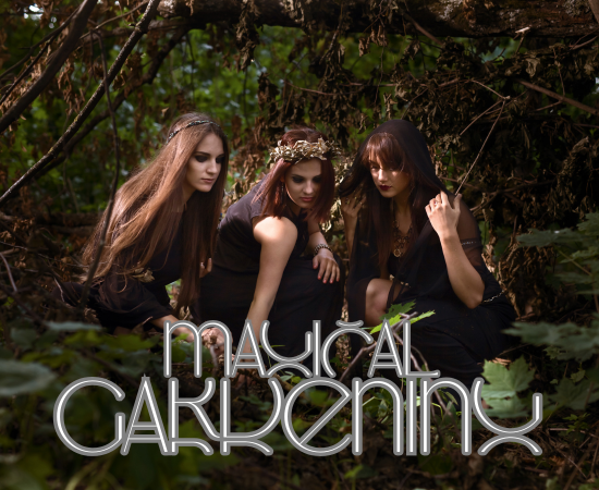 witches in the woods with text overlay - magical gardening